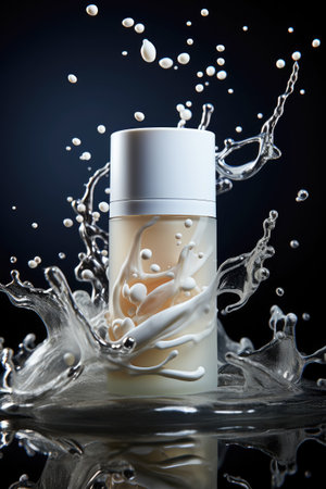 Cosmetic bottle with splash of water isolated background , cosmetic lotion bottle cream for product designの素材