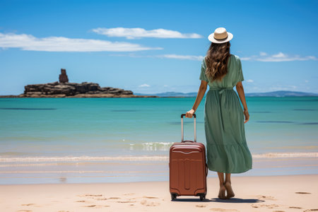 Young beautiful woman carrying a luggage walking on the tropical beachの素材
