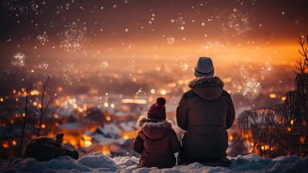 Happy family and daughters children are watching fireworks in New Year holiday or Christmas Dayの素材