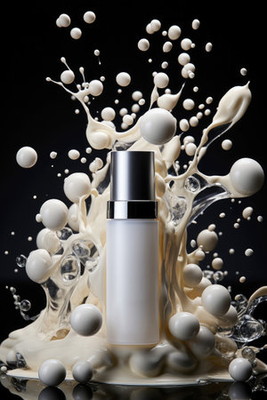 Cosmetic bottle with splash of water isolated background , cosmetic lotion bottle cream for product designの素材