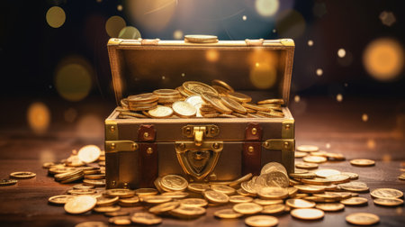 Treasure chest with gold coins isolated , Scattered goldの素材