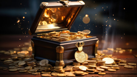 Treasure chest with gold coins isolated , Scattered goldの素材