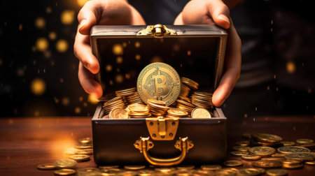 Treasure chest with gold coins isolated , Scattered goldの素材