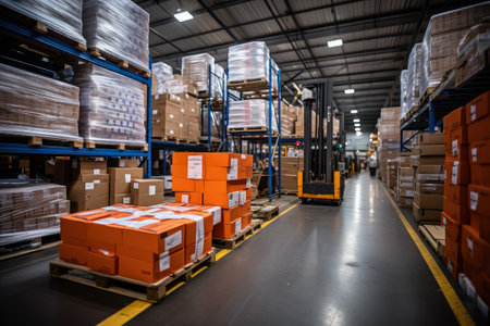 Large retail warehouse with shelves , Warehouse storage in cardboard boxes and packages, Logistics and transportation backgroundの素材