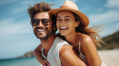 Portrait of smiling young couple on tropical beach , Summer , Holiday travel conceptの素材