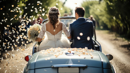 Happy beautiful wedding couple in just married car on a country roadの素材