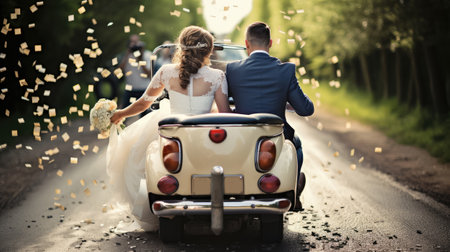 Happy beautiful wedding couple in just married car on a country roadの素材