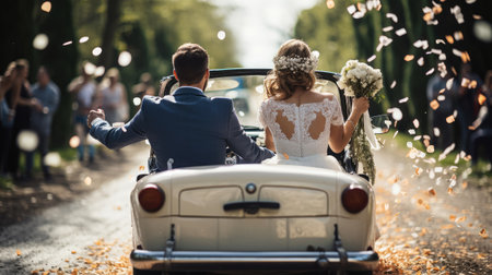 Happy beautiful wedding couple in just married car on a country roadの素材