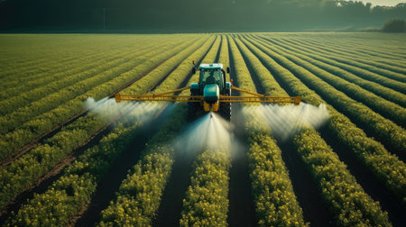 Aerial view of Tractor spraying pesticides on field with sprayerの素材