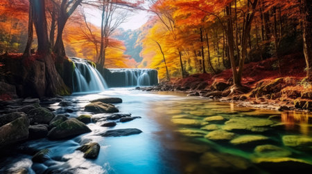Amazing view beautiful waterfall in colorful autumn forestの素材