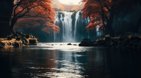 Amazing view beautiful waterfall in colorful autumn forestの素材