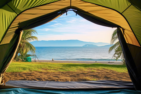 Open tent with a view of the beach , Travel conceptの素材