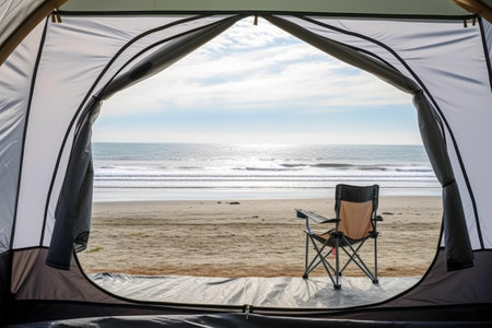 Open tent with a view of the beach , Travel conceptの素材