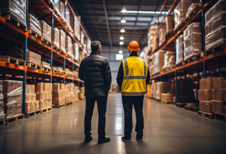 Portrait of middle aged worker standing in large warehouse , Employee in logistics company near warehouse racksの素材