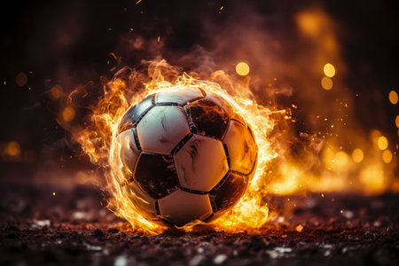 Hot football in fires flame symbol on the black background , Fiery soccer ball flying in a stadiumの素材