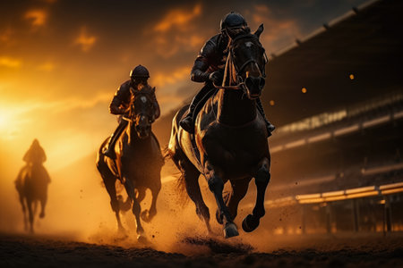 Silhouette of jockey and his horse , Horse races at stadiumの素材