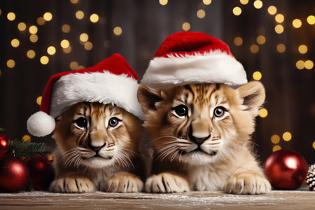 Baby lions wearing a Santa Claus hat on isolated Christmas party backgroundの素材