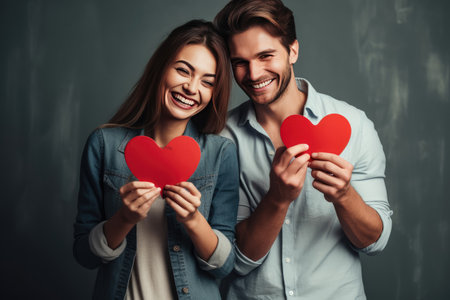 Happy young couple smileing and holding red hearts isolated on gray backgroundの素材