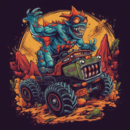 Colourful Monster Riding on Truck , Cartoon monster characters drivingの素材