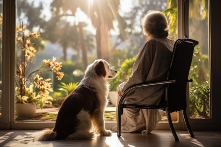 Lonely senior woman in a wheelchair with dog in nursing home looking out the windowの素材