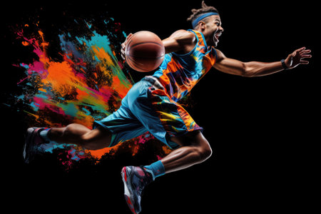 Colorful basketball player jumps in the air with ball on dark backgroundの素材