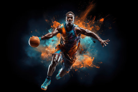 Colorful basketball player jumps in the air with ball on dark backgroundの素材