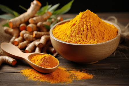 Closeup aromatic turmeric powder on wooden table with turmeric rootsの素材