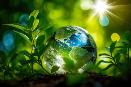 Glass globe on green nature, Green energy for clean and sustainable environment, Earth Dayの素材