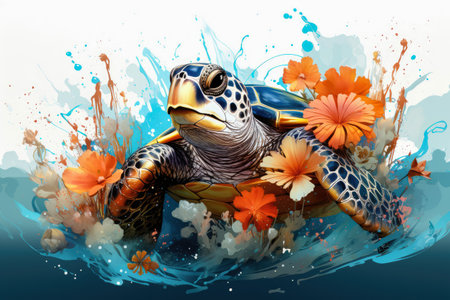 Digital print style , cartoon turtle with colourful flowersの素材