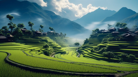 Rice terrace field green in asia with a village , Landscape farm natural in tropical natural sunriseの素材
