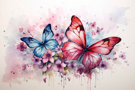 Watercolor butterfly on flowers , Watercolor painting butterfly Floral isolated on vintage white backgroundの素材