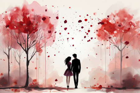 Happy valentine day , Happy loving couple walks in the park , Valentines day banner , watercolor painting style , card design or postcardの素材