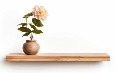 Wooden shelf rack with flower in glass vase isolated on white backgroundの素材