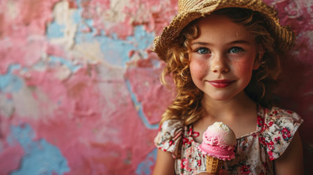 Portrait of beautiful happy and joy child with white sunglassge and ice cream , Summer colorful backgroundの素材