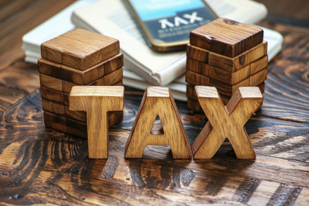 Word TAX on wooden blocks on a desk , Income tax return conceptの素材