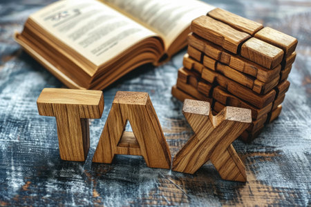 Word TAX on wooden blocks on a desk , Income tax return conceptの素材