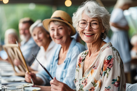 Senior lady enjoying painting activity with her friends at a parkの素材