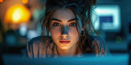 Portrait of Young business woman with confidence and determination working with tablet in officeの素材