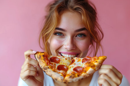 Happy teenager enjoys eating delicious slice of pizza , snack with fastfood in lunchの素材