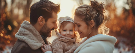Close up portrait of happy family standing on a autumn park, Valentines Day , Weddingの素材