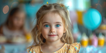 Happy kid having fun at birthday party , Family celebrating at homeの素材