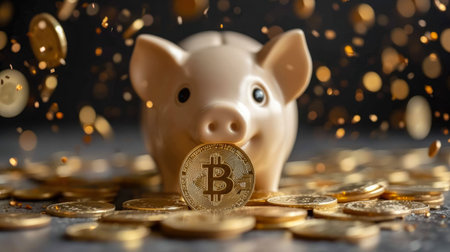 Bitcoin Coins falling to piggy bank , money saving and deposit of investment conceptの素材