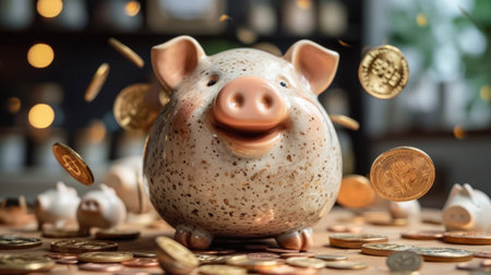 Bitcoin Coins falling to piggy bank , money saving and deposit of investment conceptの素材