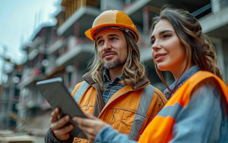 Engineer using tablet and talking on construction site of real estate projectの素材