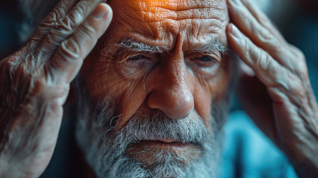 Senior man with migraine headache isolated on white background, feeling stressed, sick, tiredの素材