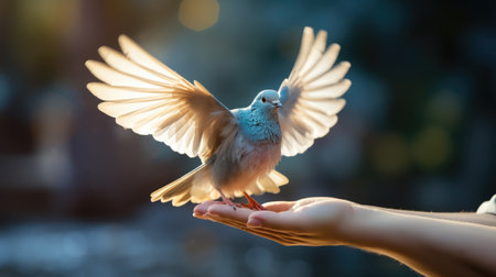 Pigeon flying on woman hand , freedom and hope concept , international day of peaceの素材