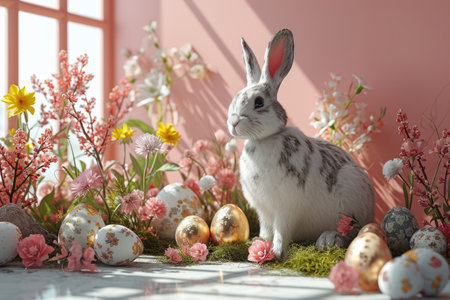 Happy Easter day, Bunny with easter egg elements and flower in natureの素材