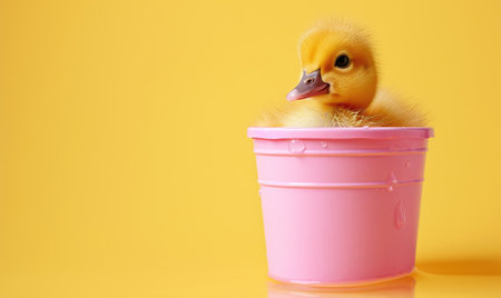 Baby duck in the pink bucket isolated on yellow background , Cute fluffy ducklingsの素材