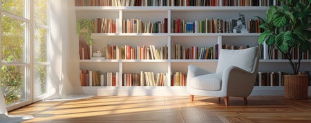 Bookshelves with armchair in modern interior of room , Living room, relax, Library or bookcases , Reading placeの素材
