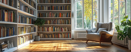 Bookshelves with armchair in modern interior of room , Living room, relax, Library or bookcases , Reading placeの素材